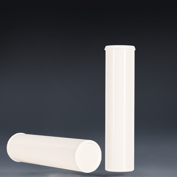29x125mm white plastic effervescent tablet tube without cap, upright and horizontal bare tube view