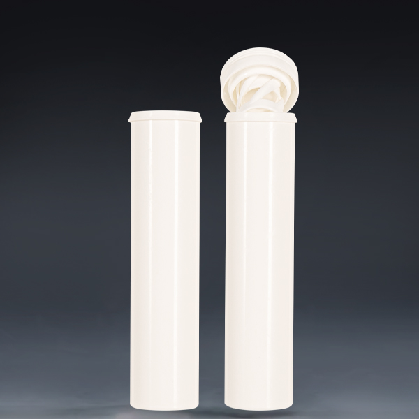 29x125mm white effervescent tablet tubes side by side, one with spring cap open and one sealed