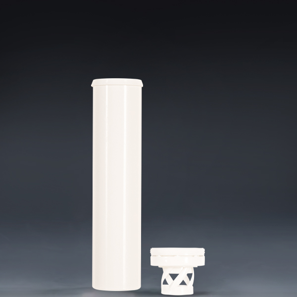 Customzied 29x125mm white effervescent tablet tube with spring moisture-proof cap separated, cap structure detail view--Sunripack