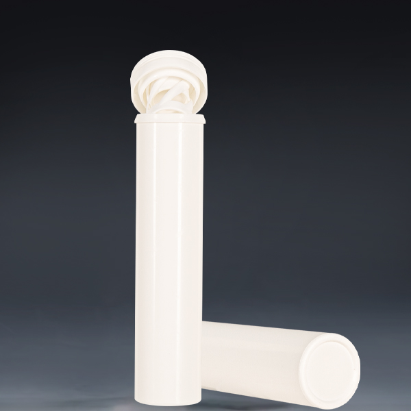 29x125mm white plastic effervescent tablet tube with spring cap open, upright and horizontal view