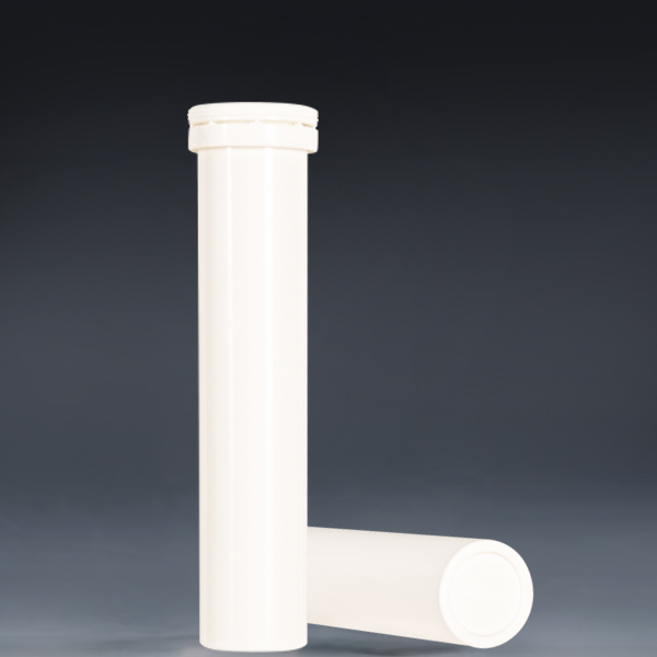 29x135mm white plastic effervescent tablet tube closed, upright and horizontal bottom view