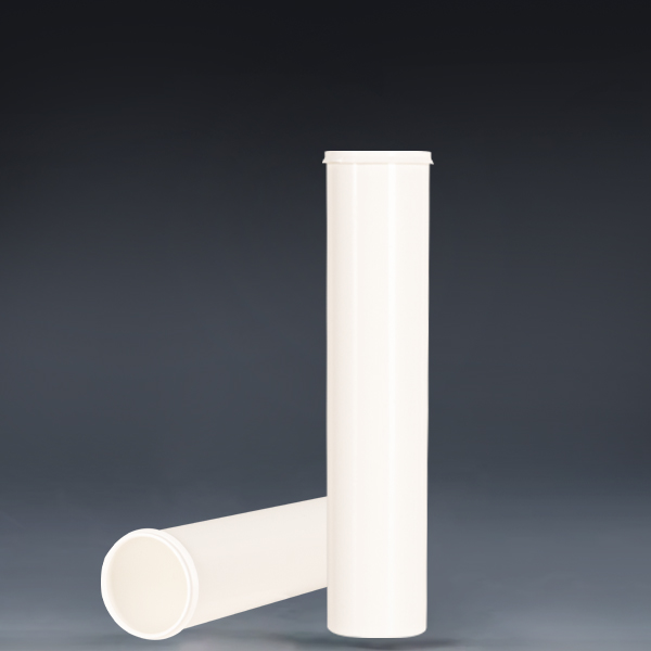 29x135mm white plastic effervescent tablet tube without cap, upright and horizontal view showing tube opening--sunripack