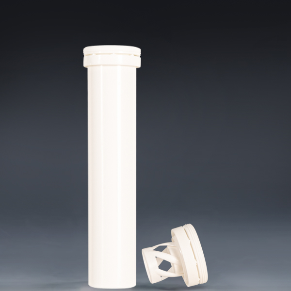 29x135mm white effervescent tablet tube with spring cap detached, centered front angle view