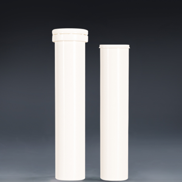 29x135mm white plastic effervescent tablet tubes two pieces standing upright, closed cap comparison view