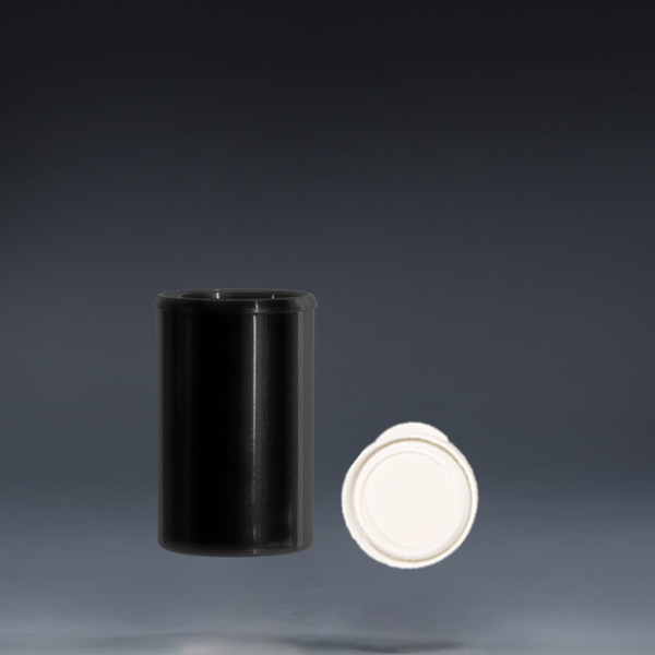 30x48mm PP black plastic effervescent tablet tube with white screw cap, body and lid view