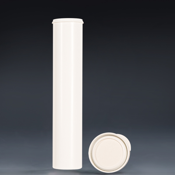 29x144mm white plastic effervescent tablet tube with screw cap closed, upright side view
