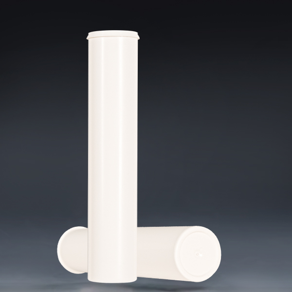 29x144mm white plastic effervescent tablet tube with screw cap closed, upright side view