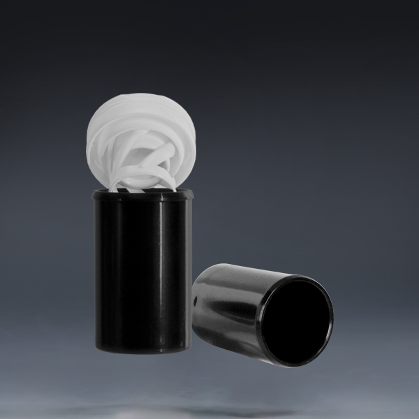 30x48mm black effervescent tablet tube open view, spring moisture-proof cap flipped open showing inner structure