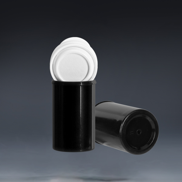 30x48mm black effervescent tablet tube with spring cap closed, upright and side view