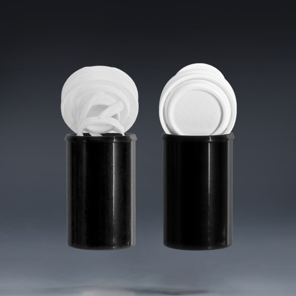 30x48mm black effervescent tablet tube open view with spring moisture-proof cap removed
