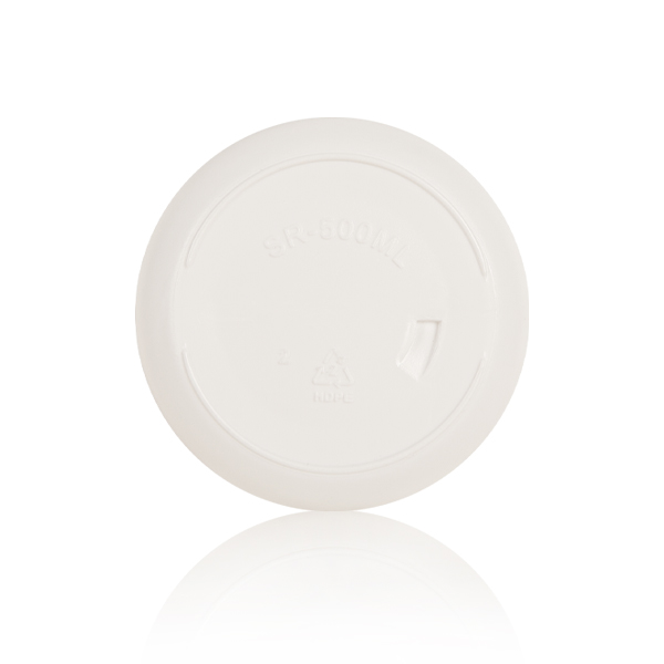 Bottom overhead close-up view of 500ml matte white HDPE plastic bottle with embossed HDPE recycling marking - Sunripack