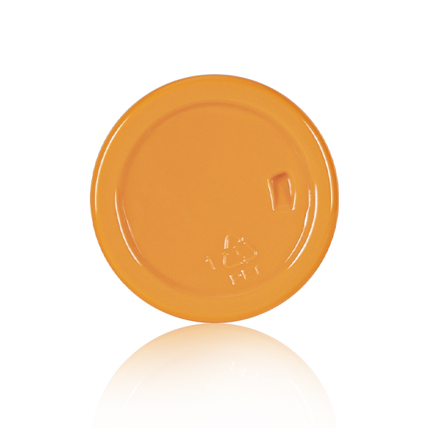 Bottom view of 100ml orange PET bottle with safety and recycling marks