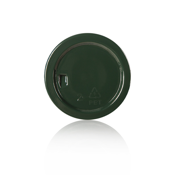 Bottom view glossy dark green PET plastic bottle cap bottom with PET recycling mark Sunripack